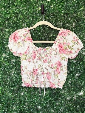 Terranova Floral Smocked Puff Sleeve Crop Top - Pink & White